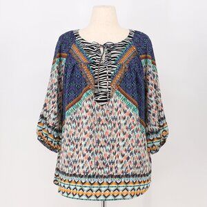 FIG & FLOWER Multi Color Tunic Tie Up Keyhole Lace 3/4 Sleeve Size 1X